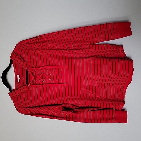 Maurices Casual Vibrant Red Striped Lace up hooded sweater XXL - Picture 3 of 9